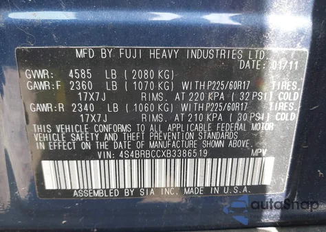 2011 Subaru Outback 2.5I Premium from USA, damaged, VIN 4S4BRBCCXB3386519